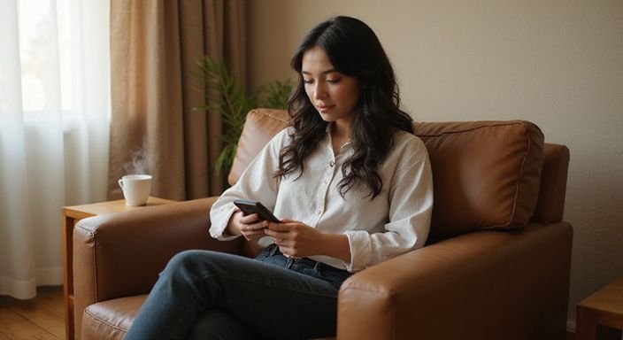 Een jonge vrouw zit ontspannen met een smartphone in haar handen. Een jonge vrouw zit ontspannen met een smartphone in haar handen
