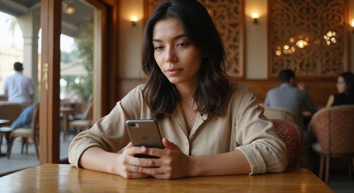 Een jonge vrouw scrollt geconcentreerd door een dating-app in een café. Een jonge vrouw scrollt geconcentreerd door een dating app in een café