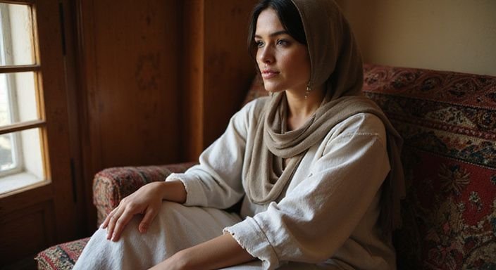 Een vrouw in traditionele kleding zit kalm in een culturele ruimte. Een vrouw in traditionele kleding zit kalm in een culturele ruimte