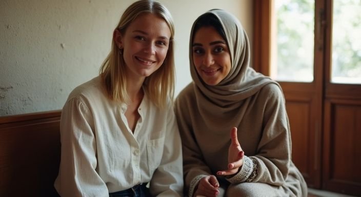 Twee vrouwen zitten samen op een houten bank en converseren. Twee vrouwen zitten samen op een houten bank en converseren
