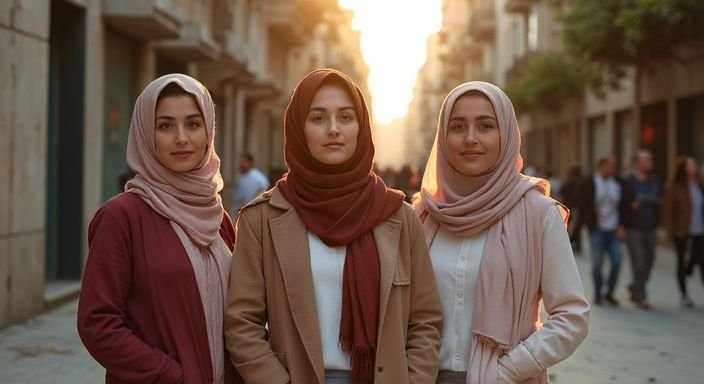 Groep vrouwen staat zelfverzekerd op een drukke stadsstraat. Groep vrouwen staat zelfverzekerd op een drukke stadsstraat