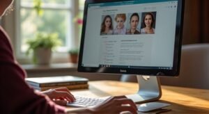 Een persoon zit aan een bureau met een computermonitor en boeken