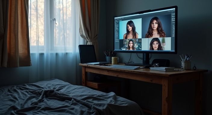 Een bescheiden slaapkamer met een computer en webcamstreams voor sexchatten op het bureau