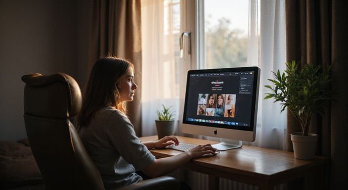 Een persoon zit ontspannen achter een computer in een gezellige kamer