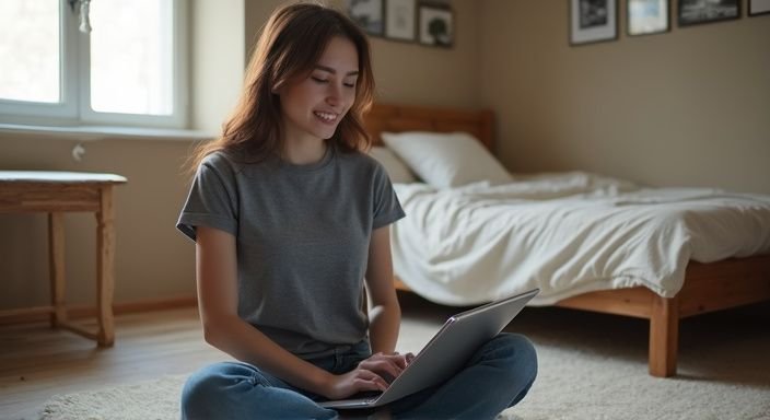 Een jonge vrouw zit ontspannen met een laptop op een tafel
