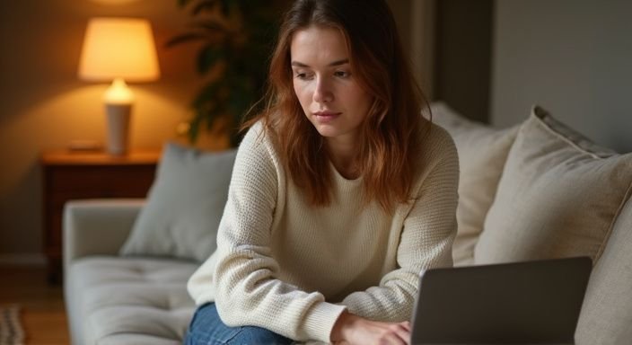 Een vrouw in een trui werkt geconcentreerd op een laptop
