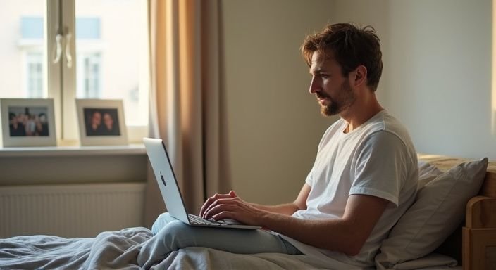 Een middeljarige persoon zit op bed te sexchatten en typt op een laptop