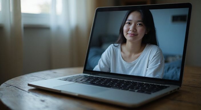 Een vrouw zit ontspannen met een laptop in een comfortabele slaapkamer.