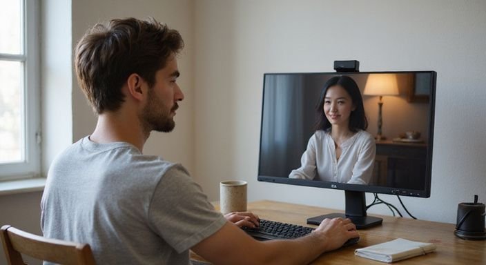 Een man en vrouw communiceren via een video-call voor Asian webcamsex in een eenvoudige kamer.