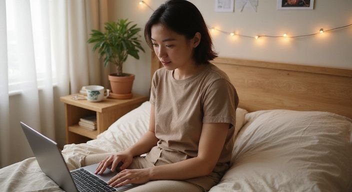 Een jonge vrouw werkt geconcentreerd op haar laptop op bed en wil Asian webcamsex.