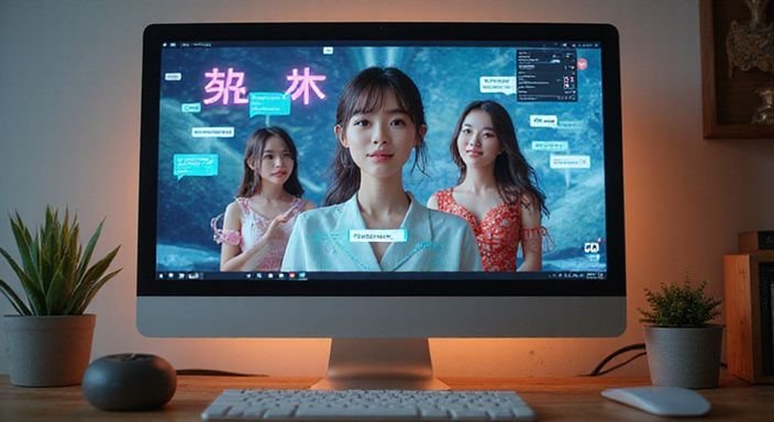 Een interactieve virtuele ruimte met realistische avatars en chatbubbles.