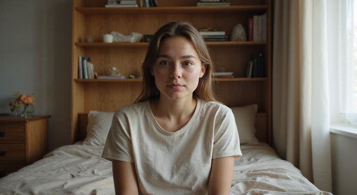 Een jongedame in een gezellige slaapkamer straalt rust en oprechtheid uit.