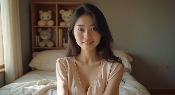 Een jonge vrouw streamt ontspannen vanuit haar sfeervolle slaapkamer.