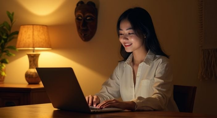 Een vrouw zit geconcentreerd achter een bureau met een laptop op zoek naar Asian webcamsex