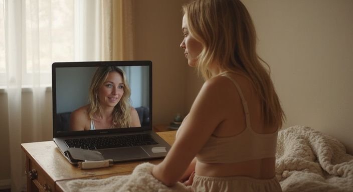 Een intieme slaapkamer met een vrouw in natuurlijke lingerie aan een laptop. Een intieme slaapkamer met een vrouw in natuurlijke lingerie aan een laptop voor webcamsex met blondines.