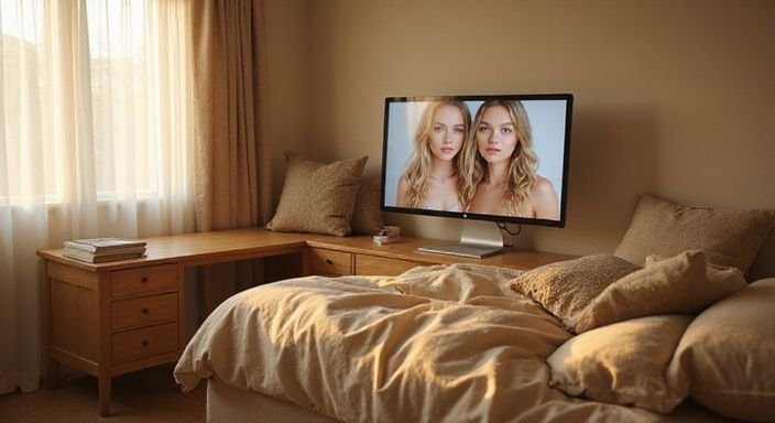 Een warme slaapkamer met een bureau en webcamprofielen van modellen. Een warme slaapkamer met een bureau en webcamprofielen van webcamsex met blondines.