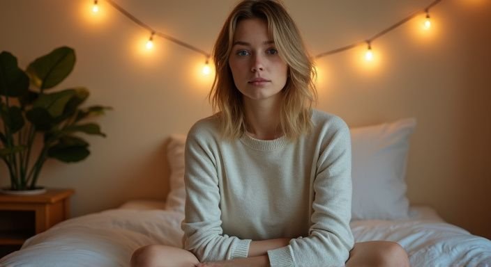 Een jonge vrouw met blond haar zit op een bed. Een jonge vrouw met blond haar zit op een bed.