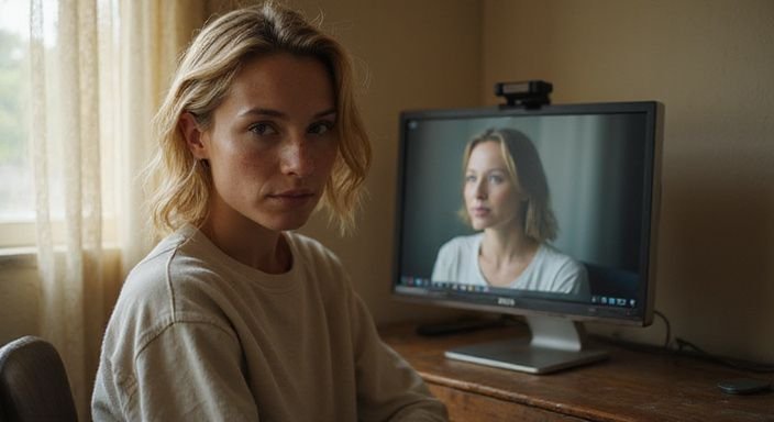 Een vrouw in een ontspannen kamer tijdens een webcamsessie. Een vrouw in een ontspannen kamer tijdens een webcamsessie.