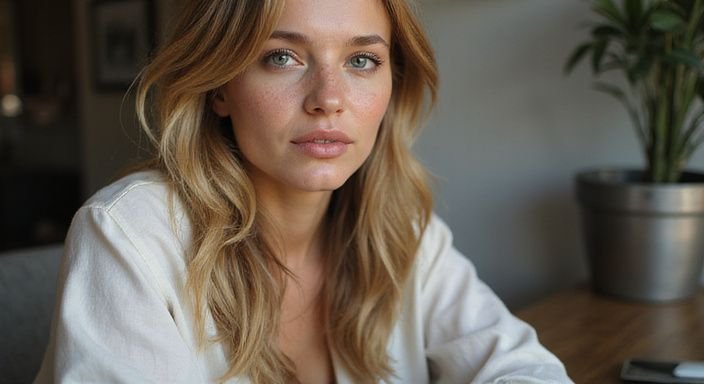 Een blonde vrouw met golvend haar tijdens een online videochat. Een blonde vrouw met golvend haar tijdens een online videochat voor webcamsex met blondines.