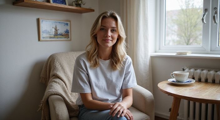 Een jonge vrouw met een warme glimlach zit in een gezellige kamer. Een jonge vrouw met een warme glimlach zit in een gezellige kamer.