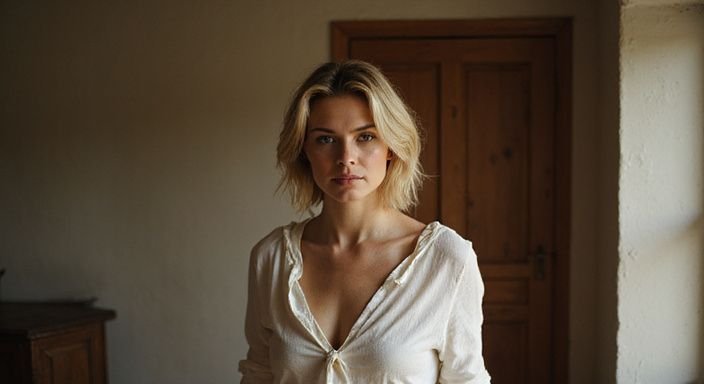Een vrouw in een katoenen blouse toont een introspectieve uitstraling. Een vrouw in een katoenen blouse toont een introspectieve uitstraling en wil webcamsex met blondines.