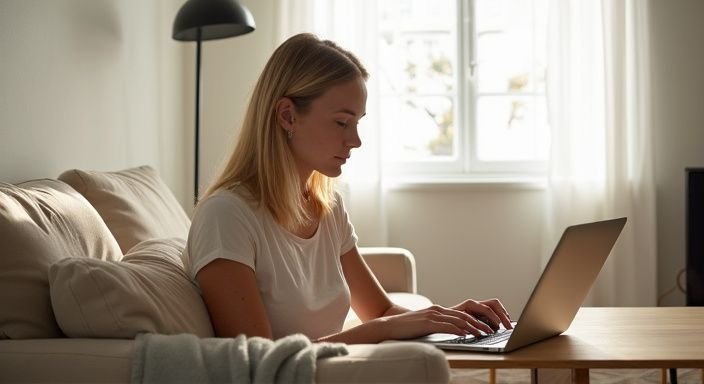 Een jonge vrouw werkt geconcentreerd op haar laptop op de bank. Een jonge vrouw werkt geconcentreerd op haar laptop op de bank.