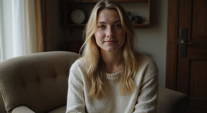 Een jonge vrouw in een comfortabele kamer met natuurlijke elementen. Een jonge vrouw in een comfortabele kamer met natuurlijke elementen will webcamsex met blondines.