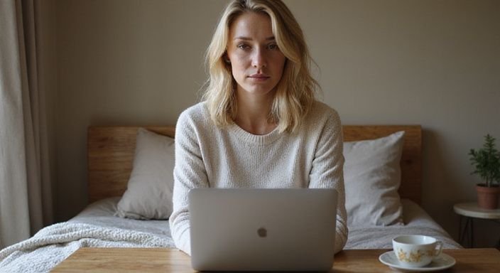 Een jonge vrouw zit geconcentreerd op een bed met een laptop. Een jonge vrouw zit geconcentreerd op een bed met een laptop.