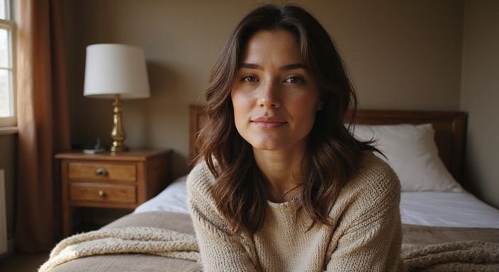 Vrouw in een gezellige slaapkamer, ontspannen in haar simpele sweater. Vrouw in een gezellige slaapkamer, ontspannen in haar simpele sweater.