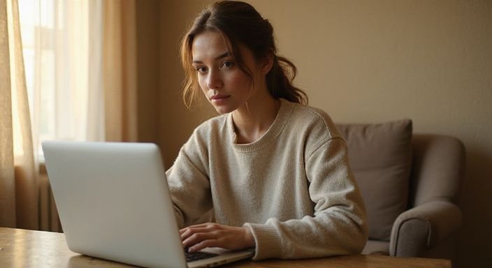 Een jonge vrouw werkt geconcentreerd aan haar laptop aan een bureau. Een jonge vrouw werkt geconcentreerd aan haar laptop aan een bureau.