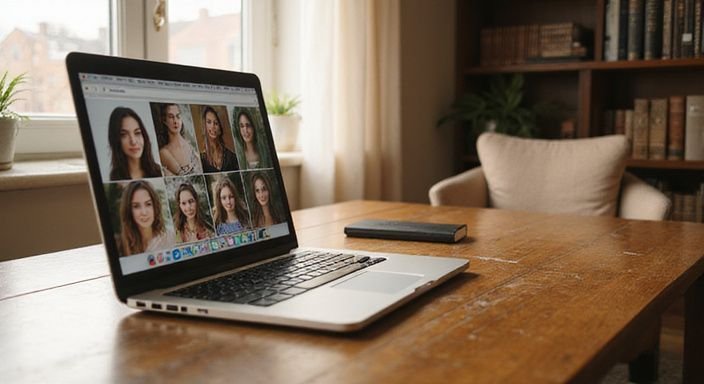 Een sfeervol thuiskantoor met een laptop en een boekenkast. Een sfeervol thuiskantoor met een laptop met profielen voor Webcamsex Brunettes en een boekenkast.