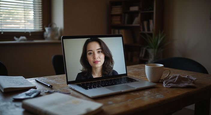 Een vrouw in een video-oproep, omringd door een rommelige kamer. Een vrouw in een video-oproep, omringd door een rommelige kamer.