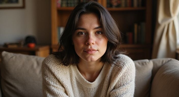 Een jonge vrouw in een gezellige kamer, geconcentreerd op haar scherm. Een jonge vrouw in een gezellige kamer, geconcentreerd op haar scherm.