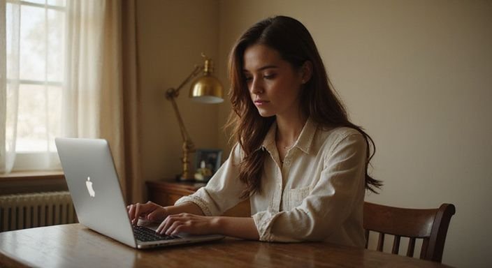 Een jonge vrouw werkt geconcentreerd achter een moderne bureau met laptop. Een jonge vrouw werkt geconcentreerd achter een moderne bureau met laptop en zoekt Webcamsex Brunettes.
