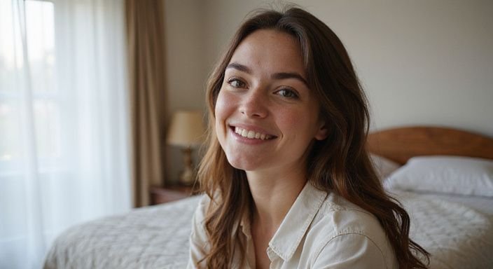 Een jonge vrouw lacht vriendelijk terwijl ze ontspannen tegen een stoel leunt. Een jonge vrouw lacht vriendelijk terwijl ze ontspannen tegen een stoel leunt.