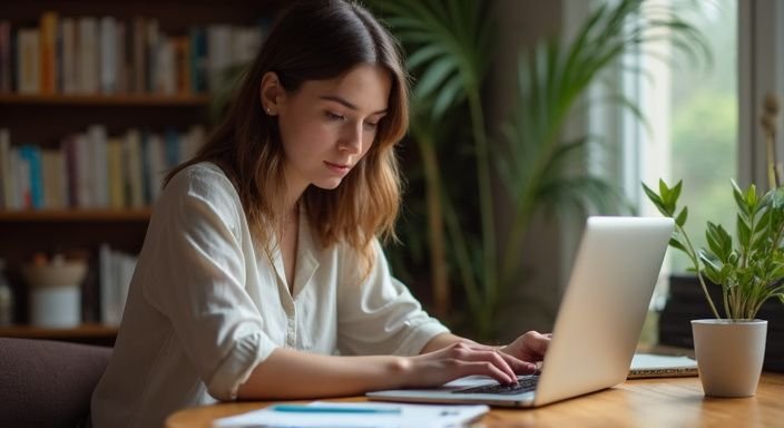 Een vrouw werkt geconcentreerd aan haar laptop in een thuis kantoor. Een vrouw zoekt geconcentreerd op haar laptop naar Webcamsex Brunettes in een thuis kantoor.