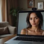 Een vrouw met natuurlijke schoonheid zittend in een gezellige slaapkamer