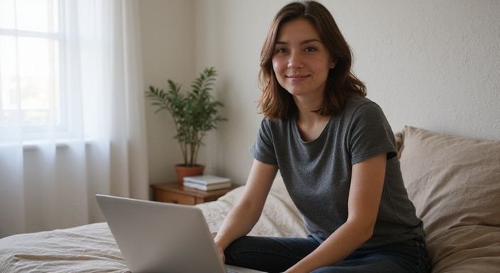 Een jonge vrouw glimlacht terwijl ze op een bed zit met een laptop. Een jonge vrouw glimlacht terwijl ze op een bed zit met een laptop en zoekt naar Webcamsex Brunettes.