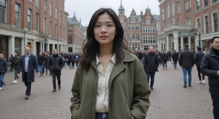Een vrouw wandelt zelfverzekerd door een druk stadsplein en wil Aziatische vrouwen dating