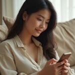 Een jonge vrouw ontspant op een bank met een smartphone en thee