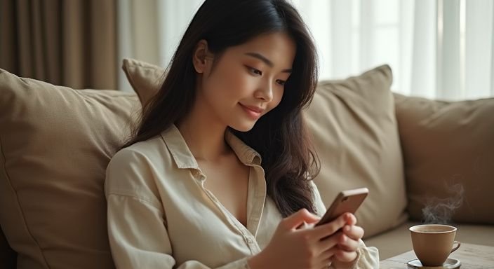 Een jonge vrouw ontspant op een bank met een smartphone en thee