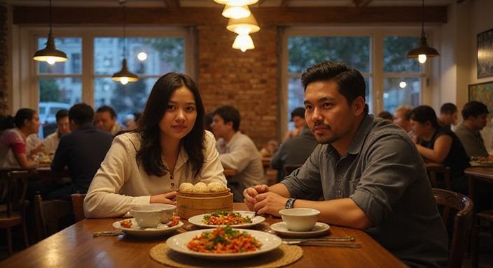 Een man en vrouw genieten samen van Chinese gerechten in een restaurant. Een man en vrouw genieten samen van Chinese gerechten in een restaurant.