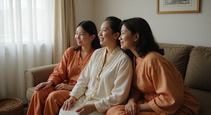 Vrouwen in traditionele kleding zitten samen in een gezellige woonkamer. Vrouwen in traditionele kleding zitten samen in een gezellige woonkamer.