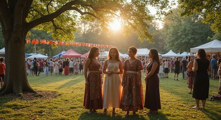 Een levendig cultureel festival in een park met traditionele kleding. Een levendig cultureel festival in een park met traditionele kleding.