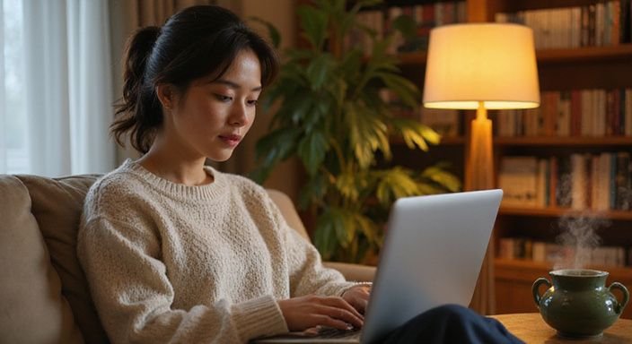 Een vrouw zit ontspannen met een laptop en een kopje thee. Een vrouw zit ontspannen met een laptop op zoek naar Aziatische vrouwen dating.