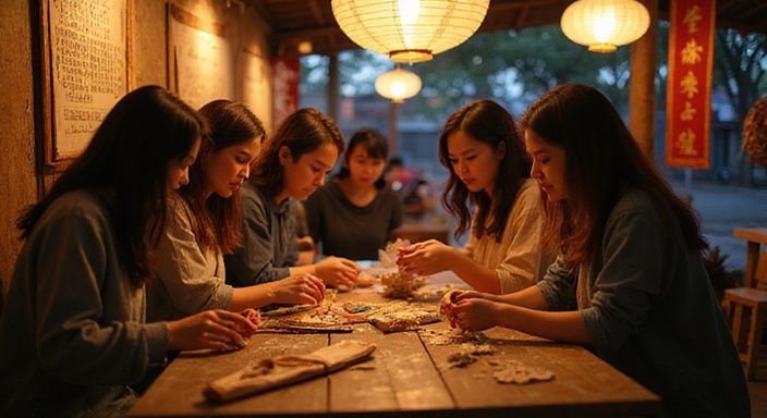 Vrouwen leren samen handvaardigheid op een traditioneel cultureel festival. Vrouwen leren samen handvaardigheid op een traditioneel cultureel festival.