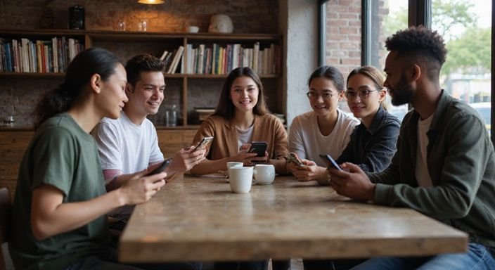 Een groep jonge volwassenen geniet van elkaar in een café. Een groep jonge volwassenen geniet van elkaar in een café.