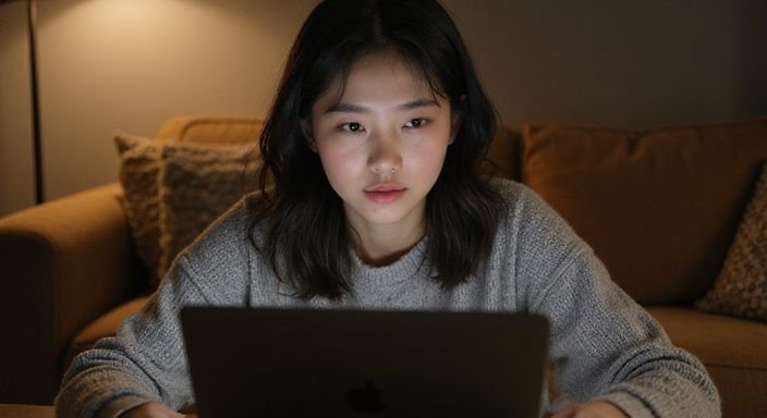 Een jonge vrouw kijkt geconcentreerd naar haar laptop in de woonkamer. Een jonge vrouw kijkt geconcentreerd naar haar laptop in de woonkamer.