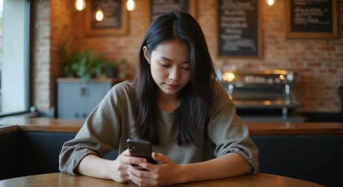 Een vrouw zit aan een tafel en kijkt geconcentreerd naar haar smartphone. Een vrouw zit aan een tafel en kijkt geconcentreerd naar haar smartphone.
