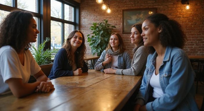 Een diverse groep jonge volwassenen geniet van een gesprek over getinte vrouwen sexcontact in een café.